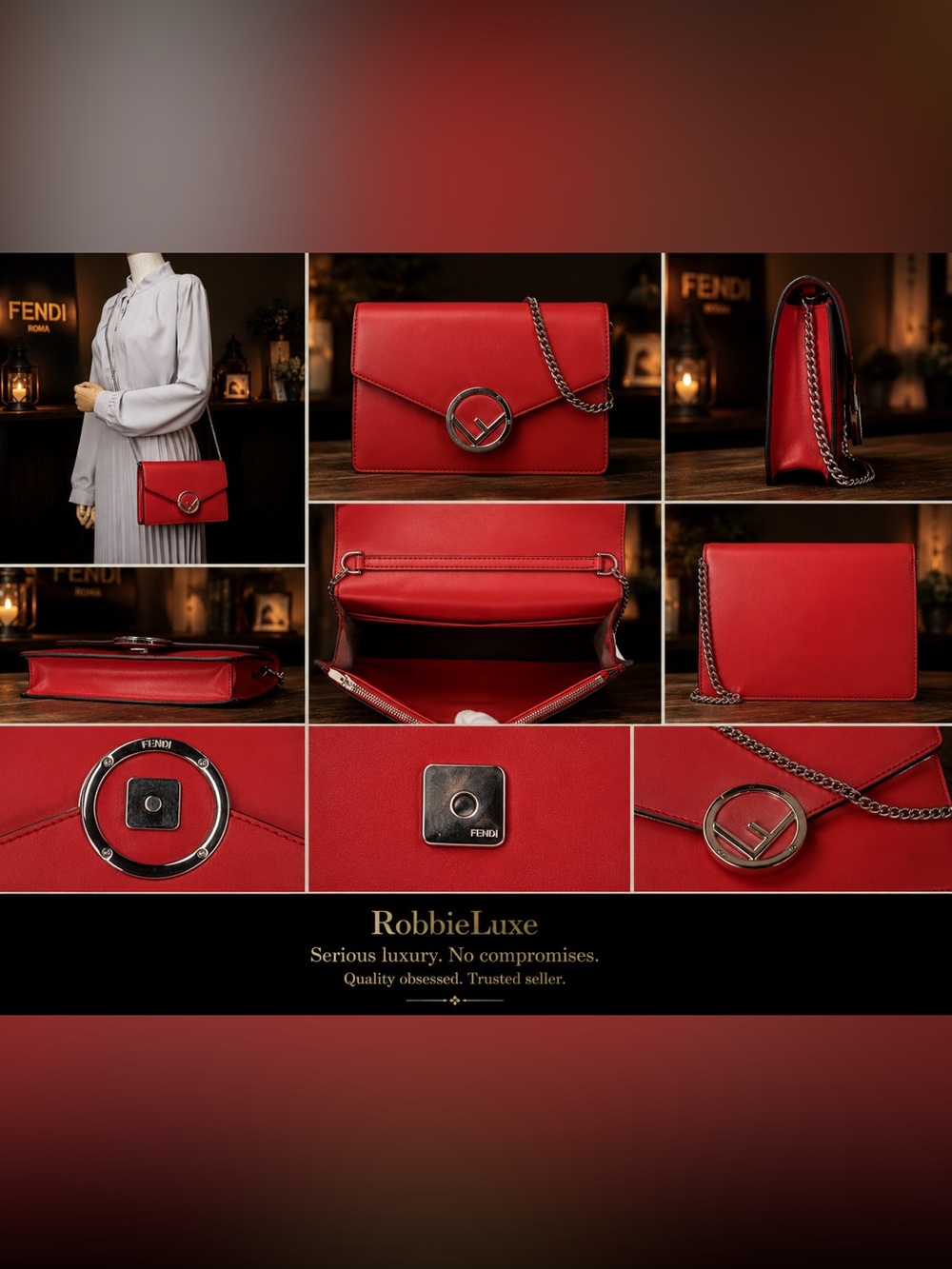 Fendi Kan I F Logo Chain Wallet Crossbody Bag ❤️ Red Leather New Without Tags ❤️ - Picture 8 of 8